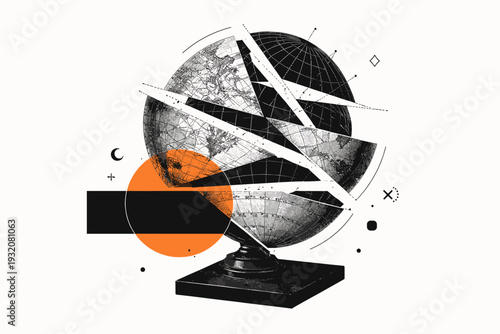 Black and white vintage globe partially deconstructed into geometric fragments, bold orange circle intersecting with solid black block, thin diagonal lines