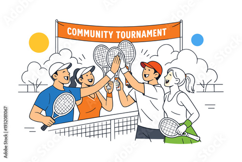 Friendly Doubles Game. Four players laughing between points, rackets raised for a quick high-five near the net. Minimal trees and fence silhouettes behind,