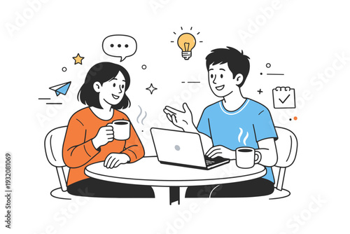 Cafe meeting. Two friends sitting at a small round table with coffee cups and a laptop, softly chatting and exchanging ideas, subtle steam lines rising from