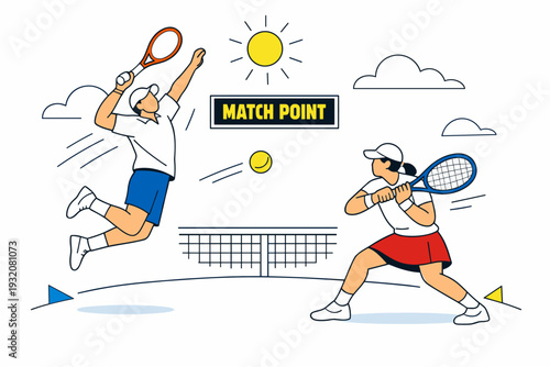 Outdoor Tennis Match. Two players in dynamic rally, one jumping for a powerful serve while the other prepares a backhand return. Bright sun above, tennis ball