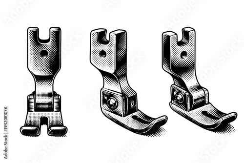 Industrial sewing machine presser foot A metal industrial sewing machine presser foot displayed in front view, side profile, and three-quarter angle to