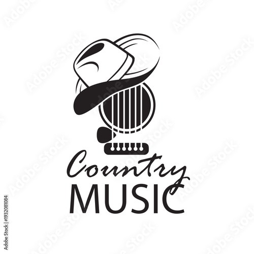 country music sign with cowboy hat and guitar isolated on white background

