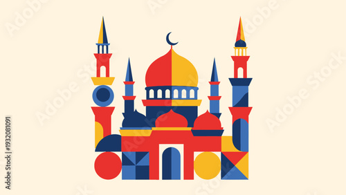 geometric mosque illustration with colorful abstract islamic architecture perfect for eid or ramadan greetings and cultural design.
