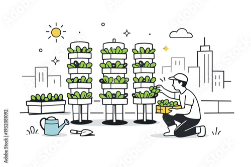Urban rooftop vertical farm. Simplified city skyline in the background with modular plant towers on a rooftop, a person harvesting fresh greens into a small