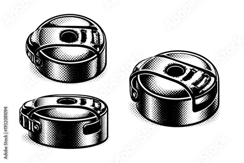 Industrial bobbin case A cylindrical industrial bobbin case presented in top view, side profile, and angled three-quarter view to reveal its slot openings and