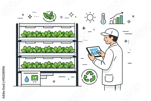 Vertical farming concept. A modern indoor farm with stacked shelves of leafy greens under soft grow lights, a technician checking plants on a tablet. Calm