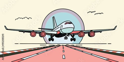 A stylized cartoon illustration of a passenger airplane accelerating on the runway for takeoff
