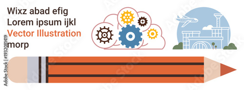 Creative thinking, education, travel industry, technology, productivity, aviation. A pencil, gears and a plane with airport elements. Creativity and education concepts in a global context