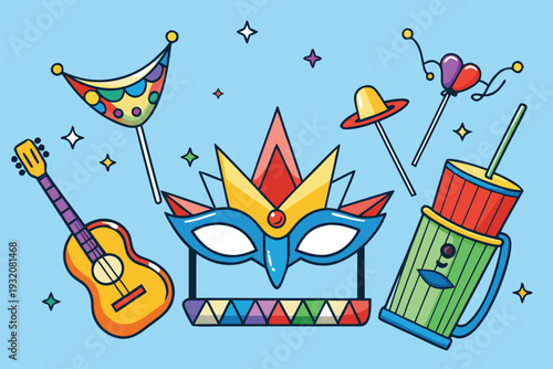 Vibrant carnival mask with guitar, hat, and party accessories on blue background