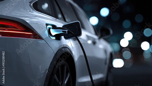 Electric Car Charging at Night with Bokeh Lights.