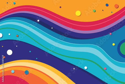 Vibrant wavy lines and colorful dots create dynamic abstract background