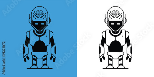 Set of two humanoid robot icons with digital brain circuitry symbols representing artificial intelligence and advanced robotic technology.