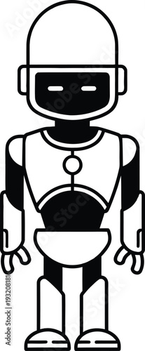 Flat vector illustration of a futuristic humanoid robot character with a sleek design and digital interface eyes for artificial intelligence concepts.