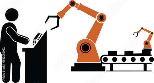 Vector illustration of a factory worker controlling automated robotic arms on a production conveyor belt.