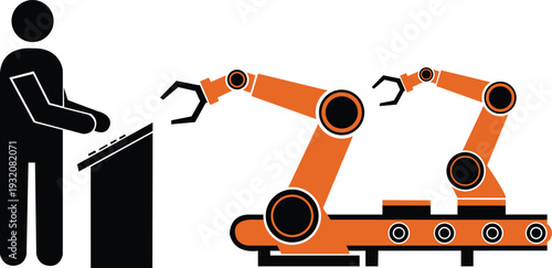 Silhouette of an industrial factory worker operating an automated production line with robotic arms and a conveyor belt.