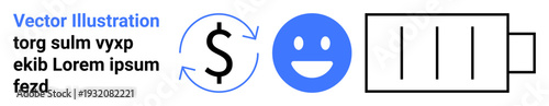 Finance, customer service, energy conservation, currency flow, renewable resources, digital services. Dollar sign with arrows, happy face battery outline. Finance and customer service