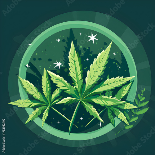 An illustration shows cannabis leaves in a circle with stars, a dark green color palette, and detailed textures.