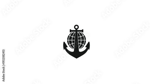 A black anchor icon features a globe on top, set against a stark white backdrop