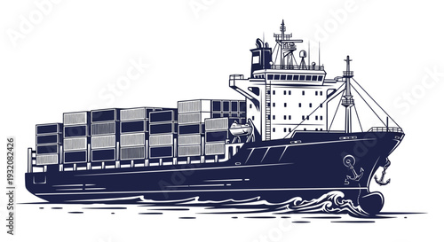 Detailed illustration of a large cargo ship transporting stacked shipping containers at sea