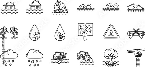 Flood cataclysm icons set. Outline set of flood cataclysm vector icons for web design isolated on white background