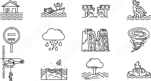 Flood cataclysm icons set. Outline set of flood cataclysm vector icons for web design isolated on white background