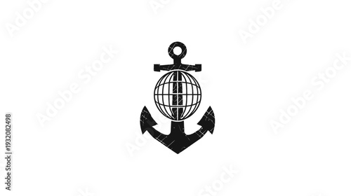 A black, distressed graphic of an anchor holding a globe with white background