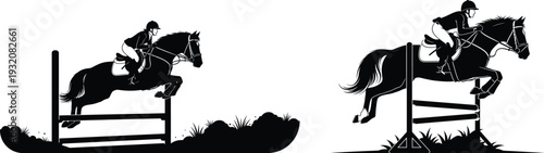 Equestrian silhouette of horse and rider jumping hurdles
