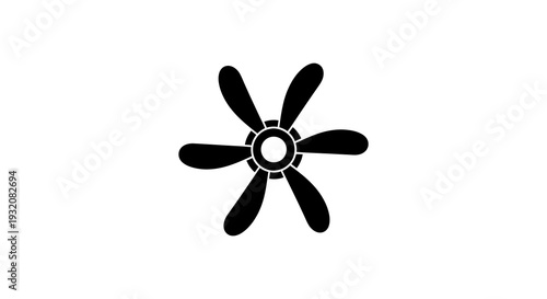 Simple black silhouette of a propeller with six blades on a white background