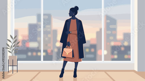 This elegant flat design showcases a female silhouette in a chic OOTD, posing gracefully by a window with a city view. It captures the essence of sophisticated urban fashion and refined style.