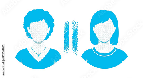 Two blue silhouettes of women facing each other with scribbled lines between them