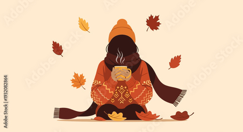 A charming flat design portrays a female silhouette in a cozy autumn outfit of the day, enjoying a stroll amidst falling leaves. The illustration evokes warmth and seasonal style.