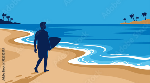 This vibrant flat design features a male silhouette in a relaxed summer outfit of the day, heading to the beach with a surfboard. It captures the essence of leisure, sun, and seaside style.