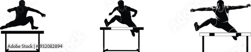 Black silhouettes of a person jumping over obstacles