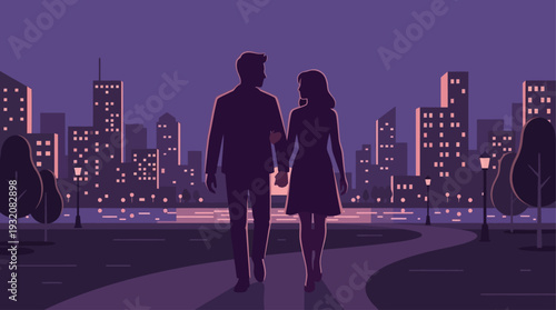 A heartwarming flat design depicts a couple's silhouette, showcasing their coordinated outfits of the day during a romantic stroll through a stylized city at dusk. 