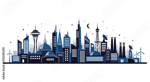 Stylized cityscape silhouette featuring prominent landmarks and a crescent moon