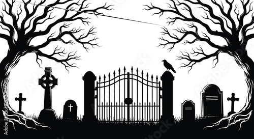 Spooky graveyard cemetery gate with scary trees crosses tombstones and raven for halloween horror