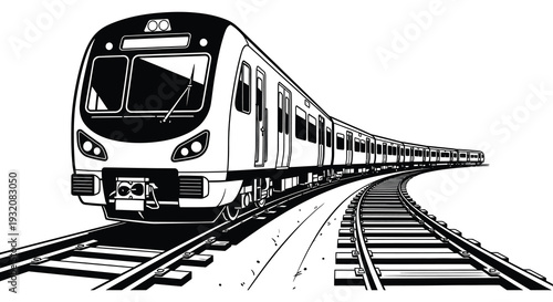A black and white illustration of a modern passenger train on railway tracks