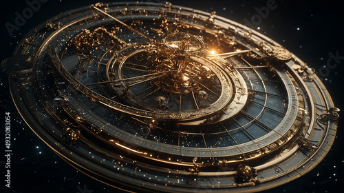 Wallpaper Mural Golden Celestial Mechanism in Deep Space with Intricate Astrolabe Clockwork Torontodigital.ca