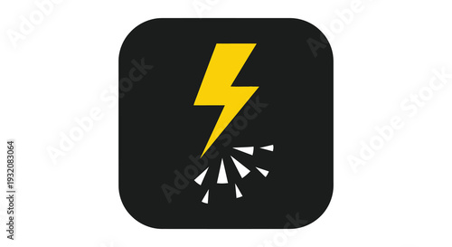 A black background features a bright yellow lightning bolt with scattered white shapes