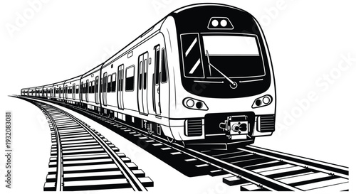 A sleek modern high speed train travels along a railway track illustration