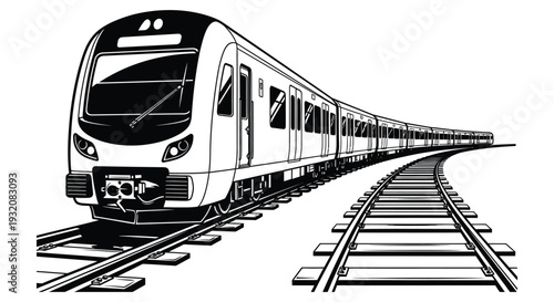 A black and white illustration of a modern high speed train on railway tracks