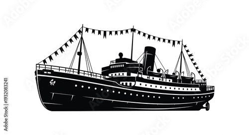 Vintage steamship silhouette decorated with festive bunting a classic nautical illustration