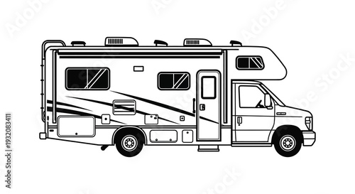Black and white line drawing of a large recreational vehicle or camper