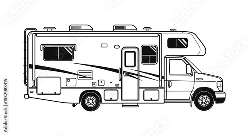 Line drawing of a large recreational vehicle showing its side profile and details