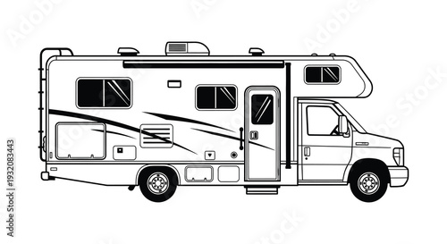 Black and white line drawing of a large recreational vehicle side view