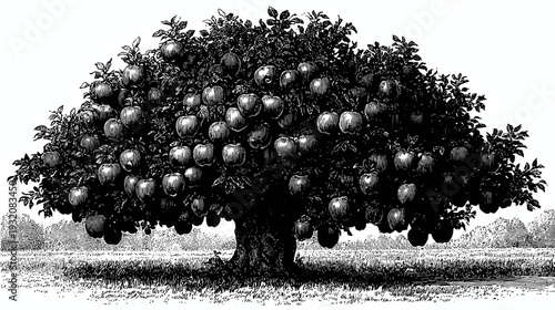 A grayscale, detailed illustration depicts a heavily laden apple tree, full of fruit, on a field