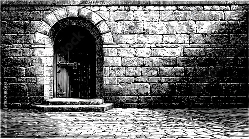 Black and white illustration of an arched doorway, set in a stone wall, with a cobblestone floor