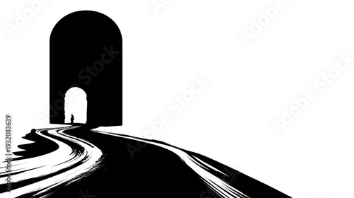 Silhouetted figure approaches a brightly lit archway at the end of a winding, dark path