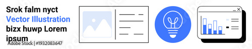Data visualization, creative ideas, business analytics, web design, planning, brainstorming. Document, light bulb and analytics interface. Data visualization and creative ideas concept