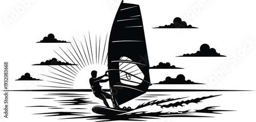 Wind surfer on a serene lake with mountains in the background